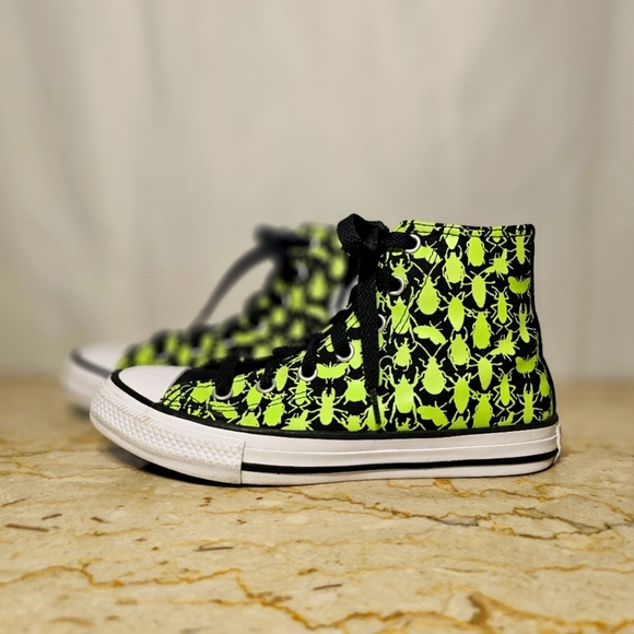 Converse All Star Black w/Neon Green Bugs Insects High-Top Sneaker Youth 2 - Picture 4 of 9